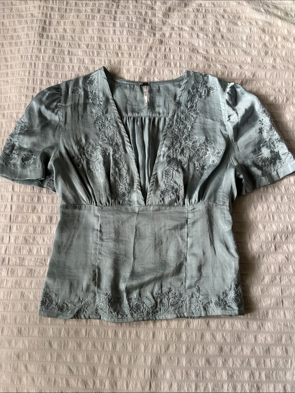 Free People Sage Green Embroidered Floral Peasant V-Neck Top